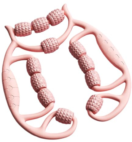 Rodillo de relajación multimasaje, con mango ergonómico, 12 ruedas, masajeador de brazos y piernas, pinzas circulares, masajeador de piernas para yoga y fitness (rosa)