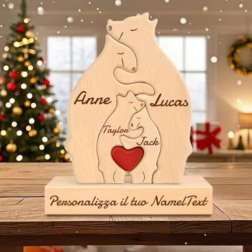 Personalisiert Holzpuzzle Bärenfamilie, Tragen 1 | Individueller Name, 2-7 Familiennamen, Tierische Dekorationsornamente, Geschenke für Mama Papa