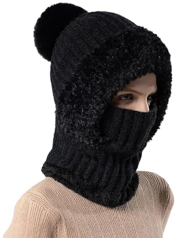 Fummy Wintermütze Damen, Balaclava Damen mit Kordelzug, 3 in 1 Beanie Mütze, Warm Strickmütze & Halswärmer Sets, Multifunktional Verstellbar Gesichtsmaske, für Kaltes Wetter