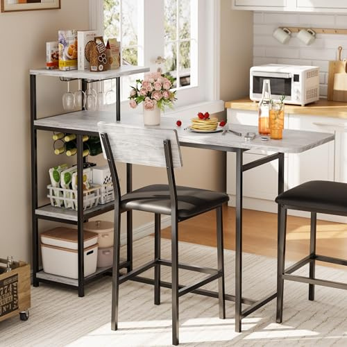 Bar Table and Chairs Set for 2, 3-Piece Breakfast Nook Table Set with Storage Shelves, Cup Holder & Wine Rack, 2Pcs PU Leather Bar Stools Small Dining Table for Kitchen, Breakfast Nook, Gray