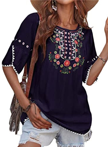 Onsoyours T-Shirt à col Rond pour Femme Été Boho Broderie Top Lâches Chemise à Fleurs Décontractée Chemisier Folklorique Brodé Chemisier à Manches Mi-Longues A Bleu Foncé XL