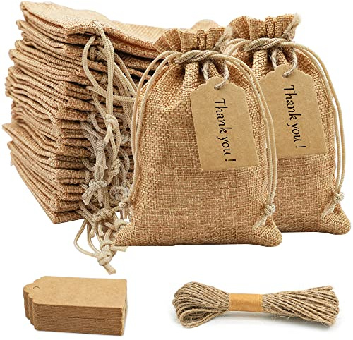 Elodyunhc 30 Stück Jutesäckchen mit Kordelzug 10x15cm, Jutebeutel Kleine | Jute-Geschenktüten mit 30 Stück Geschenkanhänger und 10m Hanfseil für Schmuck, Hochzeit, Weihnachten, Adventskalender
