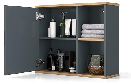 LIFEZEAL Armoire Murale Salle de Bain avec Miroir, Armoire de Toilette en Bois, Placard de Rangement avec Étagère Réglable, 60 x 20 x 52 cm, Gris