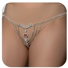 Sexy Simple Rhinestone Body Chain Thong Panties Jewelry Summer Beach Crystal Belly Chain Thong Festival Rave Bikini Rhinestone G String Waist Chain Belt for Women (Red pendant-silver)