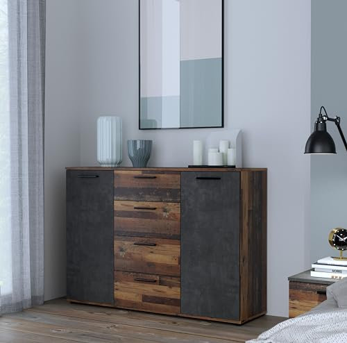 Forte ATTALYAR Kommode mit 4 Schubladen und 2 Türen, Holzwerkstoff, Old – Wood Vintage/Betonoptik Dunkelgrau, B x H x T: 129,6 x 91,3 x 38 cm