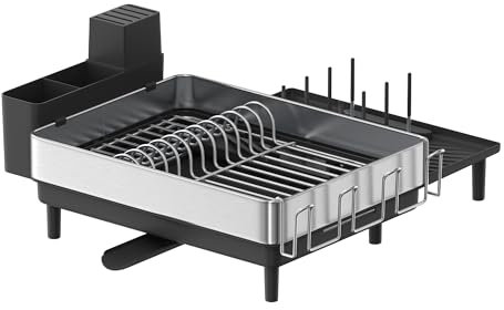 SONGMICS Dish Drainer Rack, Expandable Dish Drying Rack, Stainless Steel Kitchen Dish Rack with Rotatable Spout, Utensil, Cup, Glass, Cutting Board and Pan Holders, Silver and Black KCS037B01