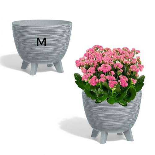 MELTOM Blumentopf mit Füßen aus Kunststoff Schale Rund Kräutertopf 3D Rillen (Grau, M-29cm)