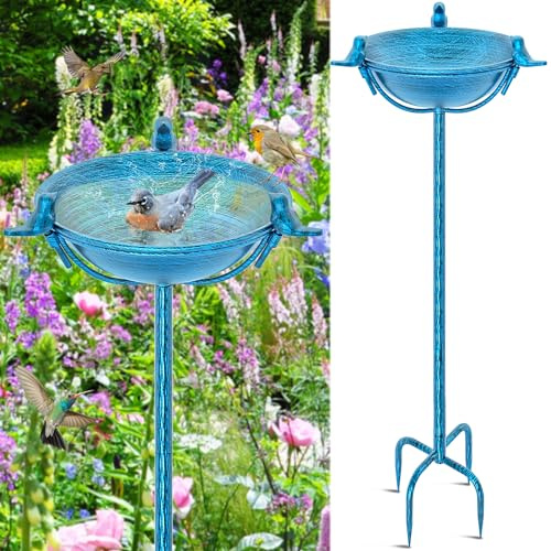 FaloStwer Metall Vogelbad Garten für Wildvögel Wassertränke Mit 3 Vogelskulpturen, Vogeltränke Futter Schale Wasserstelle Stehend, Vogelbad Futterstelle für das Blumenbeet oder (Retro Blau)