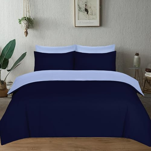 J.Din Double Dark Blue & Light Blue Duvet Cover Set Soft Brushed Microfiber | Plain Dyed Reversible Bedding with Matching Pillowcase