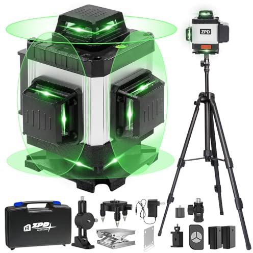 Laser Level, ZPD Laser Level with Tripod, 4 x 360 Self Leveling Laser Measuring Tool Green Lazer Level 16 Line Level Laser 360 Self Leveling for Construction, Home Renovation, Picture Hanging