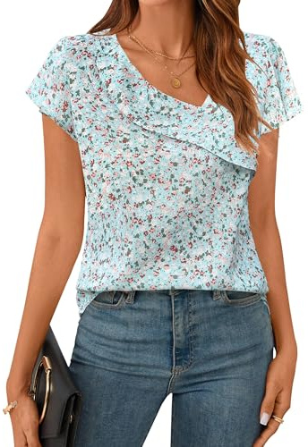 BMJL Womens Dressy Casual Blouses Floral Tops Ruffle Sleeve Summer Shirts Outfits(L,Green Floral)