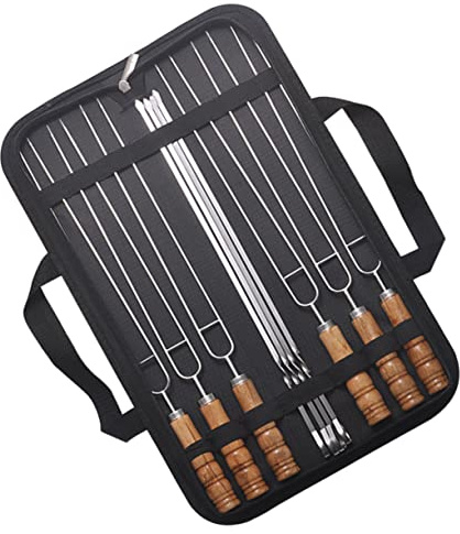 Gatuida Brochetas con Mango de Madera Seguro 10 de Acero Inoxidable para Barbacoa y Bolsa de Almacenamiento Ideales para Fiestas y Uso Diario