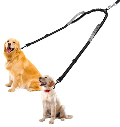Double Dog Lead-360° Swivel, No Tangle Dog Leash Coupler, No Pull Adjustable Dual Lead with Shock-Absorbing Bungee, Padded Handles, Reflective Walking & Training Lead Splitter for 2 Dogs