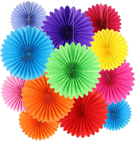 BestoFun 12 Stück Bunt Papier Fächer Set Faschings Deko Bunt Party Deko Grün Gelb Blau Hängende Blumen Girlande Orange Rosa Papier Fächer Dekoration für Geburtstags Hochzeit Karneval Deko