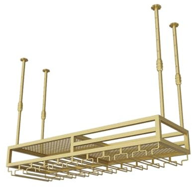 Suspended Ceiling Wine Rack,2-Layer Hanging Stemware Holder,31.5x11.8-Gold | Adjustable Height (11.8–23.6) Modern Floating Wall Shelves Glasses,Industrial Iron Shelf for Kitchen Organizer