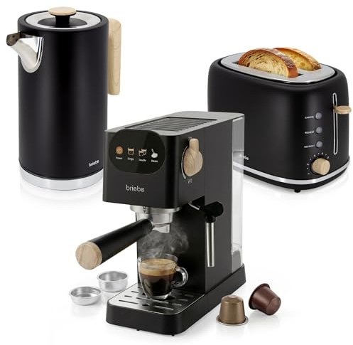 briebe Nordic Set Cafetera Espresso 20 Bares Cápsulas y Café Molido + Hervidor Agua Eléctrico 1,7L Inalámbrico 2200W + Tostadora Ranura Ancha 2 Rebanadas, Pack Desayuno Diseño Nórdico (Negro)