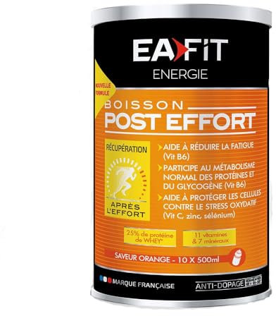 EAFIT| Boisson Post-Effort | Aide à réduire la fatigue et protège les cellules contre le stress oxydatif | 26g de glucides, 11g de protéines, 11 vitamines et 7 minéraux par shaker | Orange 457g