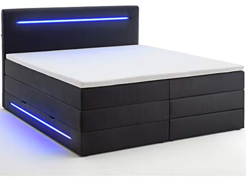 wonello Boxspringbett 180x200 mit Bettkasten und LED Beleuchtung - gemütliches Bett mit led Beleuchtung - Stauraumbett 180 x 200 cm schwarz mit Matratze und Topper