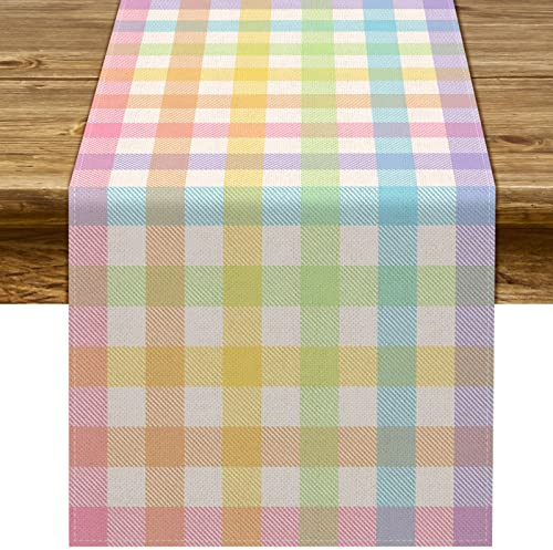 Pudodo Easter Buffalo Plaid Check Table Runner Spring Holiday Farmhouse Fireplace Kitchen Dining Room Home Party Decoration (13 x 72)
