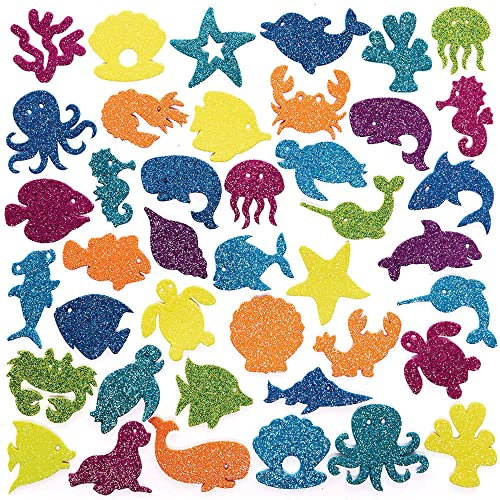 Baker Ross FC777 Glitzer Meeresleben Moosgummi Sticker - 150 Stück, Großpackung Glitter Schaumstoff Aufkleber für Kinder zum Basteln, Gestalten und Dekorieren