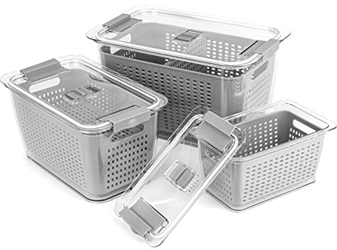 Spesh 3 Piezas Recipientes de Alimentos,2l+4l+5,8l Contenedores de Frigorifico Organizadores Nevera para Conservar Las Frutas y Verduras Frescas(Gris)