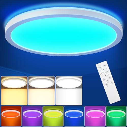 LEZOE Plafonnier LED RVB 18 W à intensité variable avec télécommande, 1800 lm, intensité variable RVB, 3000 K-6500 K, IP54, panneau plat pour salon, chambre à coucher, chambre d'enfant, cuisine, salle