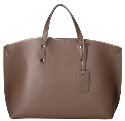Chicca Borse Handbag Borsa a Mano da Donna in Vera Pelle Made in Italy 47x30x14 Cm (Fango Scuro)