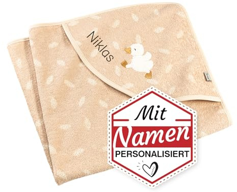 LALALO Sterntaler Kapuzenhandtuch mit Namen Bestickt, Baby & Kinder 80x80, Badetuch Badehandtuch/Kinder-Badetuch mit Kapuze (Ecru/Creme)