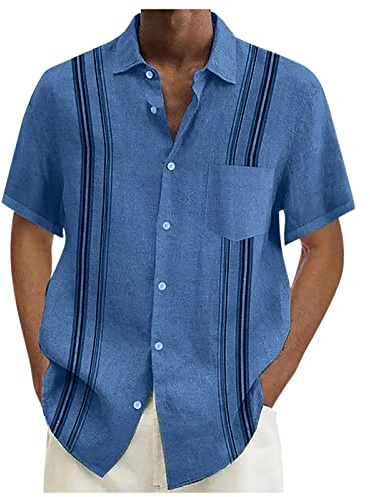 Chemise en Lin Homme Chemise Homme Manches Courtes Chemisette Homme Chemise À Carreaux Homme Chemise Manches Courtes Homme Chemise Infroissable Homme Chemisette pour Homme Bleu L