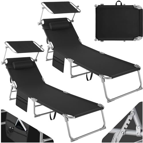 TecTake® Set di 2 Sdraio, Pieghevole, 4 Posizioni, Cuscino Poggiatesta, Idrorepellente, da Giardino, Lettino Prendisole, Arredo Giardino, Terrazzo, Sdraia da Balcone, Piscina e Spiaggia - Nero