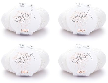 ggh Lacy Set | 4x25g (insgesamt 100g) Set| 150m/25g Merinowolle mit Seide zum Stricken | Farbe 001 - Wollweiß