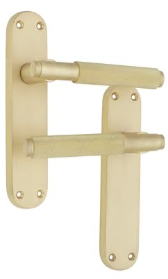 Infinity Decor Knurled Lever Latch Door Handle on Backplate Set Passage Door Pulls – Suitable for Interior & Exterior Doors (Satin Brass)