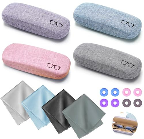 LLTLGF 4 Stück Hartschalen-Brillenetui, Hartschalen-Brillenetui aus tragbarem Leinenstoff, Tragbares Brillenschutzetui Mit Mikrofasertuch, Brillenetuis von Für Männer Frauen Kinder