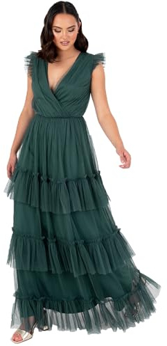 Anaya with Love Women's Maxi Dress Ladies Short Sleeve V-Neck Wrap Tiered Ruffle Tulle A-line Wedding Guest Bridesmaid Prom Ball Gown Dress, Emerald Green, 52, Emerald Green, 26