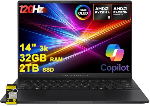 ASUS Vivobook S 14 Laptop 14 2880x1800 OLED 120Hz (600nits HDR) AMD 10-core Ryzen AI 9 365 (fino a 50 tops) 32 GB RAM 2 TB SSD per Creator Designer Business Professional Win11 ICP Hub/Copilot+AI PC