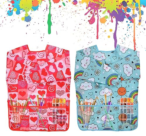 Culinavog Grembiule Bambini, Grembiule da Pittura 3 Tasche, 2Pcs Cucina, Scuola d'Arte (Rosa + Blu)