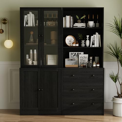VOWNER Estantería con Puertas, 180 cm Vitrina de Cristal, Librería de 6 Niveles con Puertas y Armario, Vitrina Salón, Aparador Comedor, Aparador Cocina, Estantería Oficina, A+B (Negro)