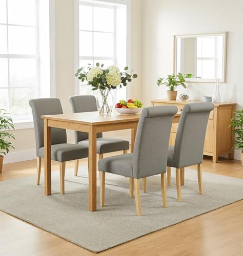 Hallowood Furniture Waverly Small Rectangular Dining Table and Chairs Set 4 | Wooden Kitchen Table (120x70cm) and Roll Top Grey Linen Fabric Upholstered Dining Chairs, Modern Dinner Sets for 4 People