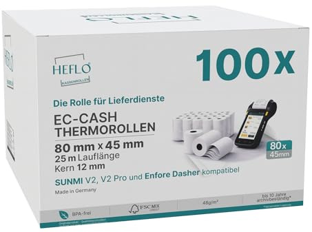 100 Thermorollen 80 mm x 25 m lang – Ø 45 mm – BPA-frei – Kassenrollen für Lieferdienste und POS-Drucker, kompatibel mit Sunmi V2s und Enfore Dasher (100)