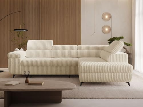GRAINGOLD Argon L Ecksofa modern mit Bettfunktion, 255x190 cm, L-Form Sofa, Schlafcouch für Wohnzimmer, Cordstoff, 4-Sitzer Eckcouch, Ecksofa mit Bettkasten (Beige, Rechts)