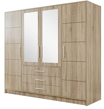 Drehtürenschrank Bado 4D, Kleiderschrank mit Spiegel, Schubladen und Spiegeltüren, Elegantes Schlafzimmer Schrank, Jugendzimmer (Eiche Sonoma/Spiegel)
