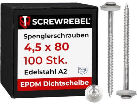 100 Stück SCREW REBEL Spenglerschrauben 4,5 x 80 mm - Edelstahl A2, Inox mit EPDM-Dichtscheibe Ø15mm TX 20