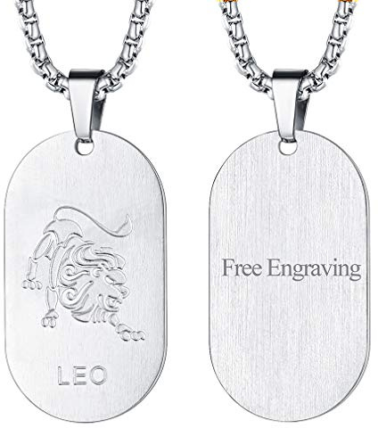 FaithHeart Collier Personnalisé Prénom,Pendentif Zodiaque Lion Acier Inoxydable avec Chaîne 60cm,Bijoux Signe Astrologique Plaque Militaire Personnalisable Cadeau Homme Garçon Femme