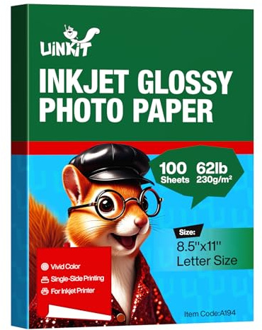 Uinkit 100 Sheets Thick Inkjet Glossy Photo Paper Picture 8.5x11 62lb 230g 11.1mil Cardstock Postcard Brochure For Dye Ink Inkjet Printer