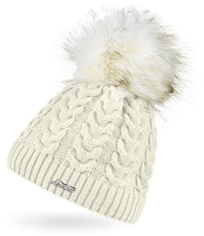 Neverless® Damen Strick-Mütze gefüttert Fell-Bommel Kunstfell Bommelmütze Fleece-Innenfutter Zopfstrickmuster Creme