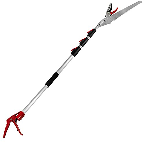 Prunrt 5.4-14.8 FT Tree Pruner Extendable 4 Sections, Telescopic Cut and Hold Trimmers Pole Saws Trimming Long Reach Pruning Shears Branch Cutter Clipper Bypass Lopper Fruit Picker