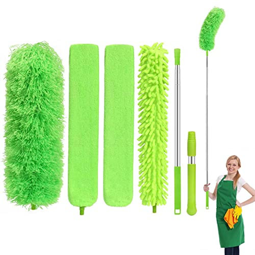 6PCs Feather Duster For Cleaning,Extendable Feather Dusterwith 30-100 inch Telescopic Extension Pole,Detachable Bendable & Washable Duster for Blinds,Ceiling Fan,Cobweb