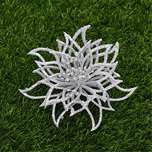 EXQULEG 10 Stück Weihnachtsblume,Weihnachten Funkeln Weihnachts Blumen Weihnachtsbaum Ornament Künstliche Blumen Weihnachtsbaumdekoration (Silber)