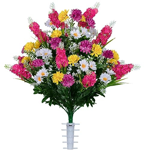 Sympathy Silks Artificial Flowers for Cemeteries - Realistic Grave Decorations - Pink Yellow and White Wildflower Mix - Bouquet