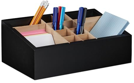 Relaxdays Schreibtisch Organizer Bambus & MDF, schwarz/Natur | 12 Fächer, verstellbar, Badorganizer, HBT 12 x 30 x 18 cm
